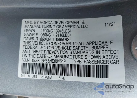 2022 Honda Civic Sport из США, поврежденный, VIN 19XFL2H85NE004549